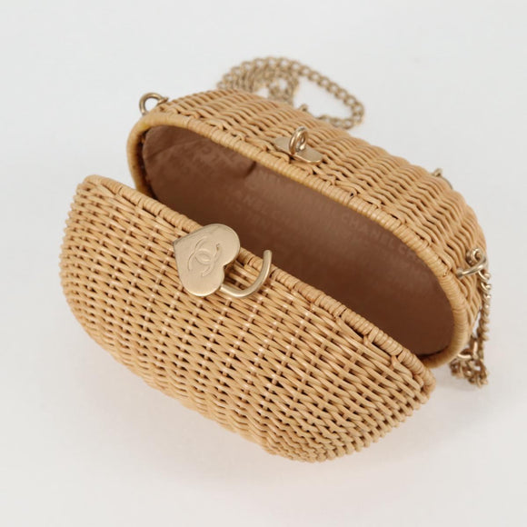 CHANEL Rattan Chain Shoulder Bag Straw Beige Gold CC Auth 128491SV