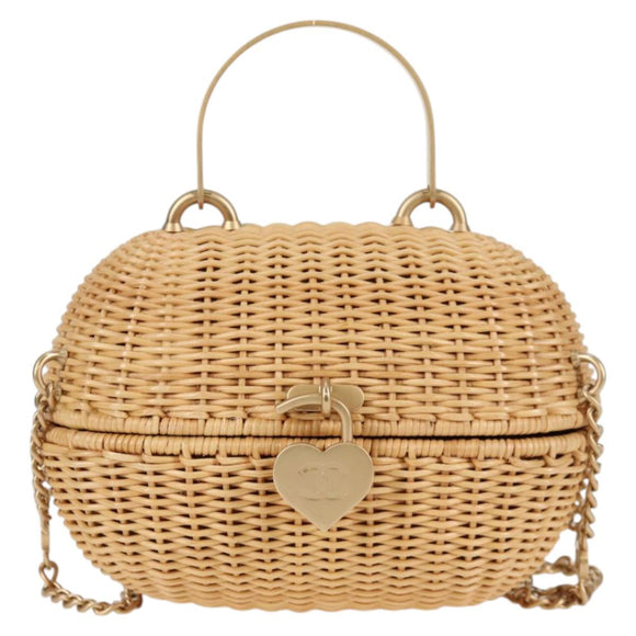 CHANEL Rattan Chain Shoulder Bag Straw Beige Gold CC Auth 128491SV