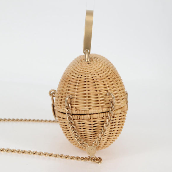 CHANEL Rattan Chain Shoulder Bag Straw Beige Gold CC Auth 128491SV