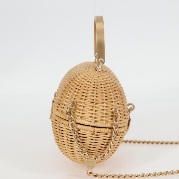 CHANEL Rattan Chain Shoulder Bag Straw Beige Gold CC Auth 128491SV