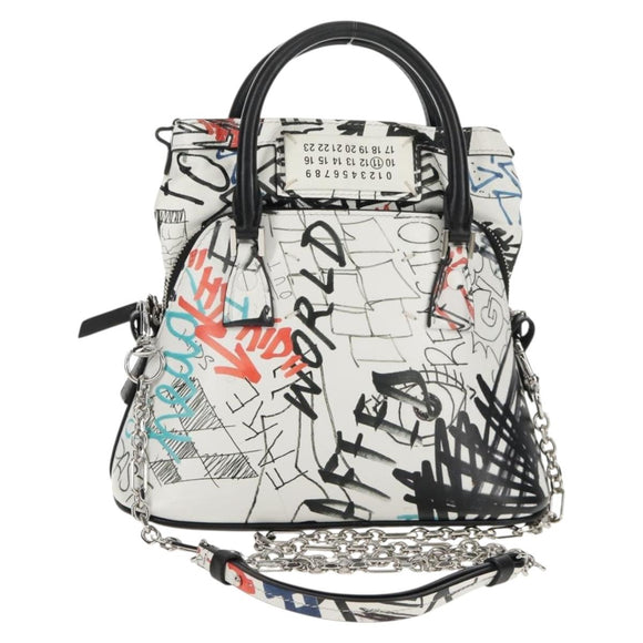 Maison Margiela Chain Hand Bag Leather 2way White Black Silver Auth 128505M