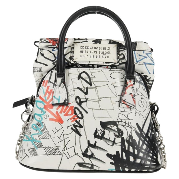 Maison Margiela Chain Hand Bag Leather 2way White Black Silver Auth 128505M