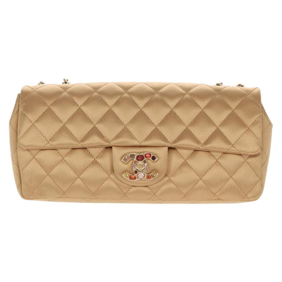 CHANEL Chain Matelasse Shoulder Bag Satin Gold CC Auth 128521M