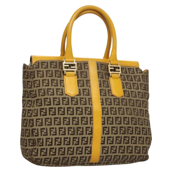 FENDI Zucchino Canvas Hand Bag Brown Gold Auth 128558