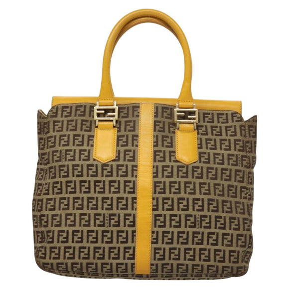 FENDI Zucchino Canvas Hand Bag Brown Gold Auth 128558