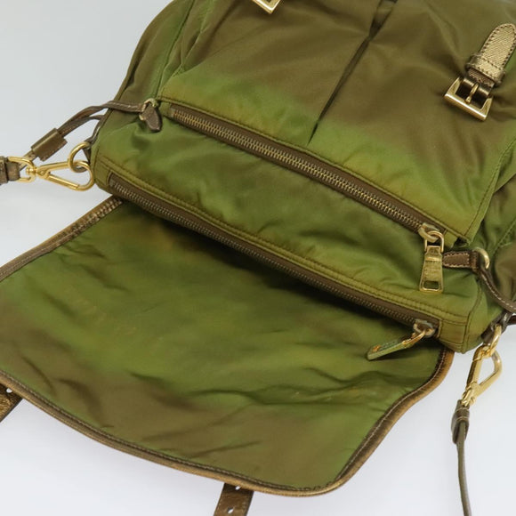 PRADA Shoulder Bag Nylon Green Gold Auth 128559