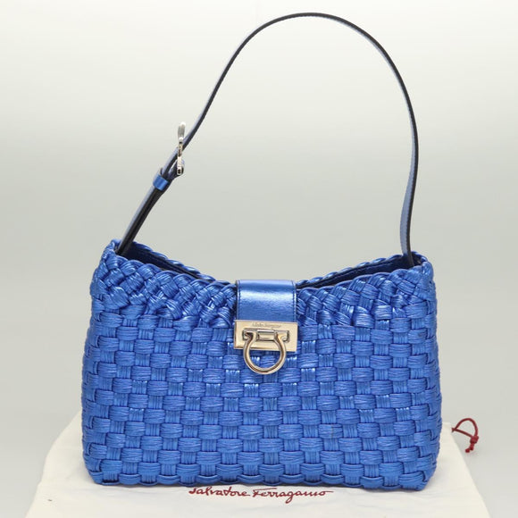 Salvatore Ferragamo Gancini Shoulder Bag Leather Blue Silver Auth 128561V