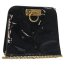 Salvatore Ferragamo Gancini Chain Shoulder Bag Enamel Black Gold Auth 128633-1