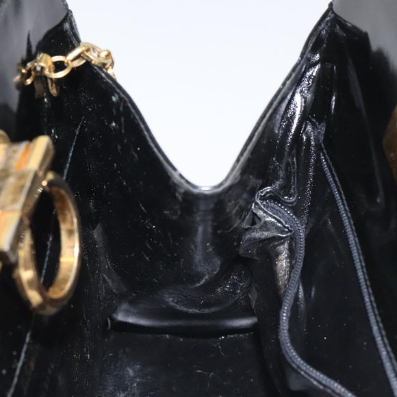 Salvatore Ferragamo Gancini Chain Shoulder Bag Enamel Black Gold Auth 128633