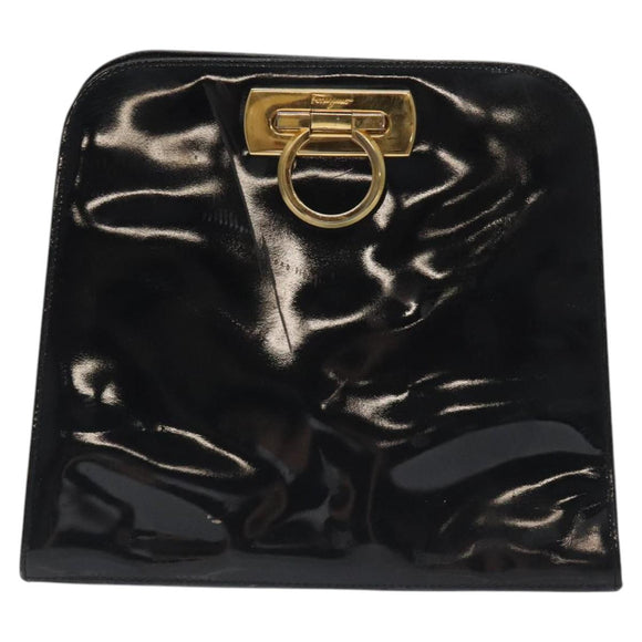 Salvatore Ferragamo Gancini Chain Shoulder Bag Enamel Black Gold Auth 128633