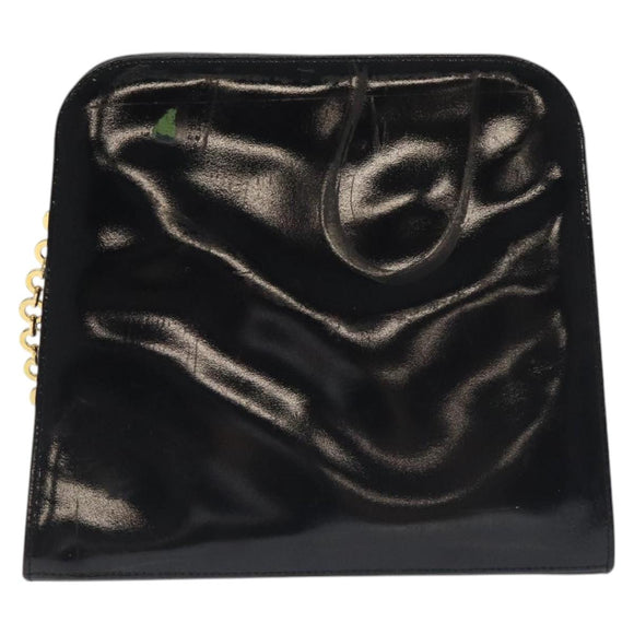 Salvatore Ferragamo Gancini Chain Shoulder Bag Enamel Black Gold Auth 128633