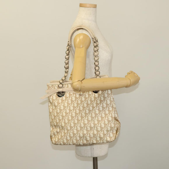 Christian Dior Trotter Canvas Romantic Tote Bag PVC Beige Silver Auth 128666