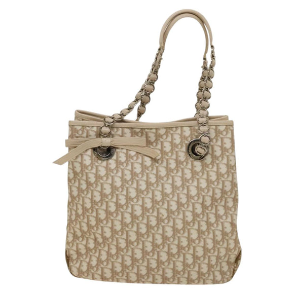 Christian Dior Trotter Canvas Romantic Tote Bag PVC Beige Silver Auth 128666