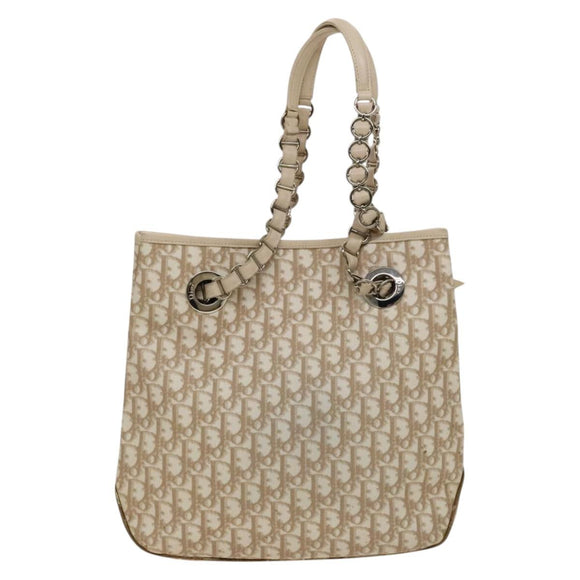 Christian Dior Trotter Canvas Romantic Tote Bag PVC Beige Silver Auth 128666