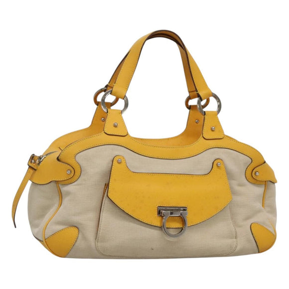 Salvatore Ferragamo Gancini Hand Bag Canvas Yellow Silver Auth 128676