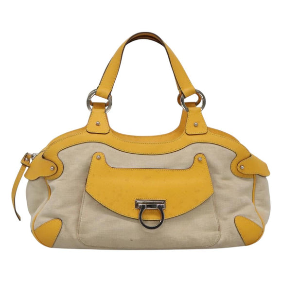 Salvatore Ferragamo Gancini Hand Bag Canvas Yellow Silver Auth 128676