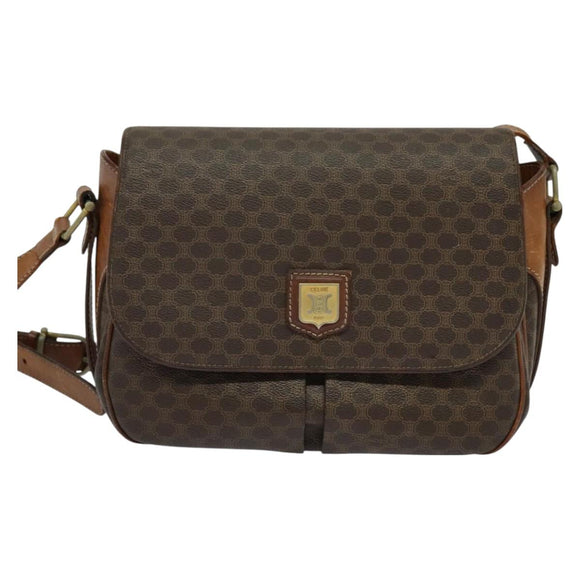 CELINE Macadam Canvas Schultertasche PVC Braun Gold Auth 128715