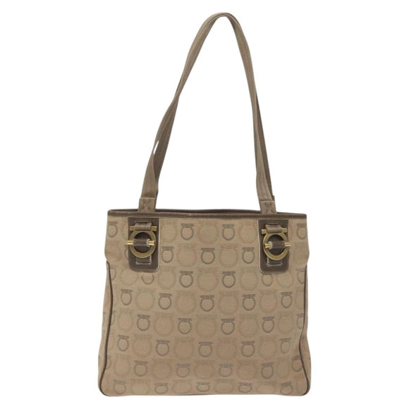 Salvatore Ferragamo Gancini Tote Bag Canvas Beige Gold Auth 128743