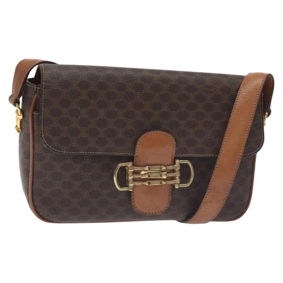 CELINE Macadam Canvas Shoulder Bag PVC Leather Brown Gold Auth 128760