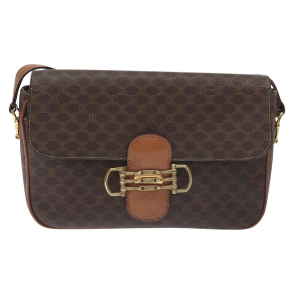 CELINE Macadam Canvas Shoulder Bag PVC Leather Brown Gold Auth 128760