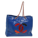 CHANEL Chain Tote Bag Patent leather Blue Silver CC Auth 128767-1