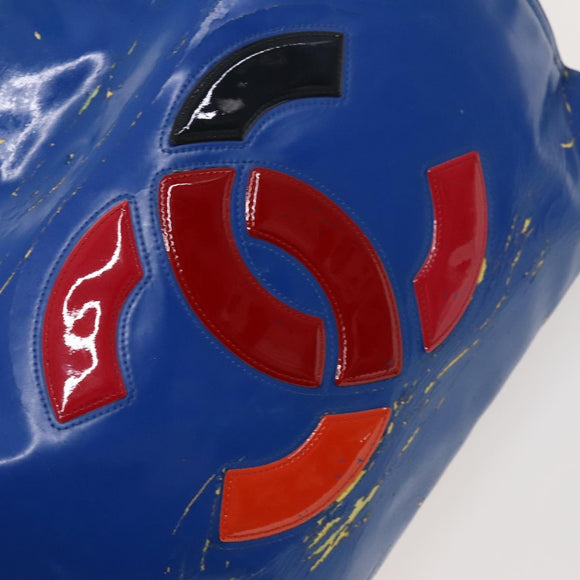 CHANEL Chain Tote Bag Patent leather Blue Silver CC Auth 128767