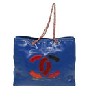 CHANEL Chain Tote Bag Patent leather Blue Silver CC Auth 128767-13