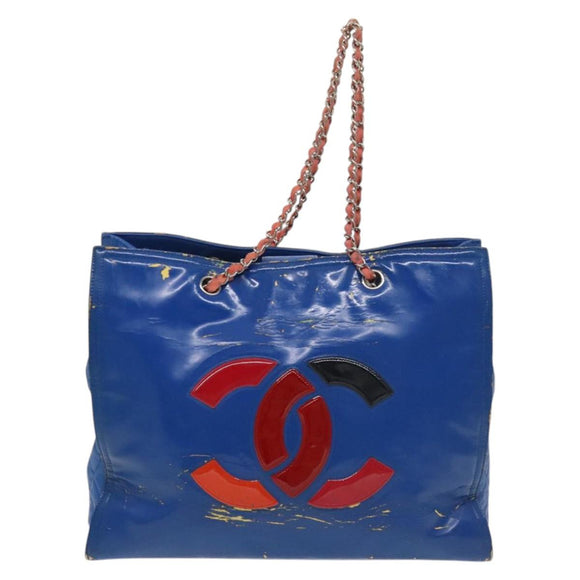 CHANEL Chain Tote Bag Patent leather Blue Silver CC Auth 128767