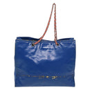 CHANEL Chain Tote Bag Patent leather Blue Silver CC Auth 128767-2