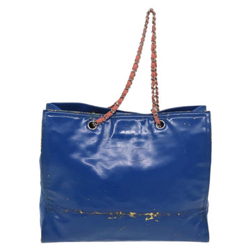 CHANEL Chain Tote Bag Patent leather Blue Silver CC Auth 128767 - 0