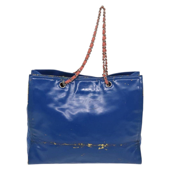 CHANEL Chain Tote Bag Patent leather Blue Silver CC Auth 128767