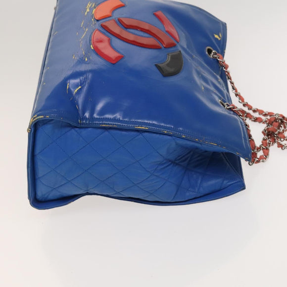 CHANEL Chain Tote Bag Patent leather Blue Silver CC Auth 128767