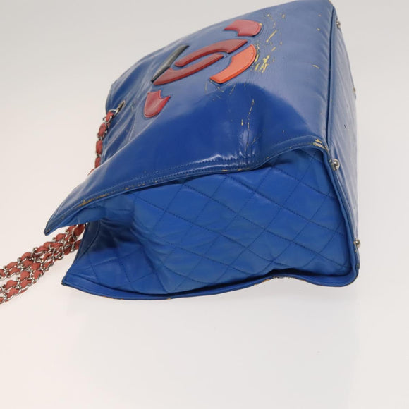 CHANEL Chain Tote Bag Patent leather Blue Silver CC Auth 128767
