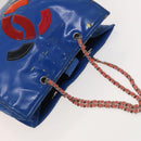 CHANEL Chain Tote Bag Patent leather Blue Silver CC Auth 128767-6