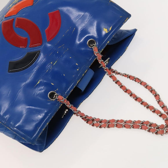 CHANEL Chain Tote Bag Patent leather Blue Silver CC Auth 128767