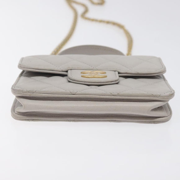 CHANEL Matelasse Chain Wallet Shoulder Bag Lamb Skin Gray Gold CC Auth 128807SAM