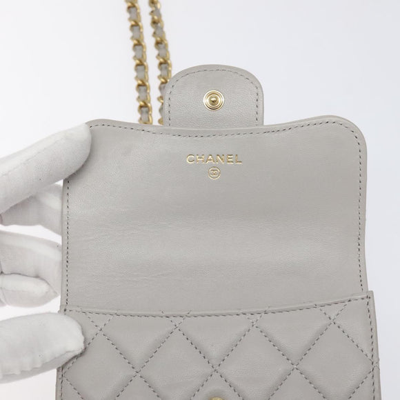 CHANEL Matelasse Chain Wallet Shoulder Bag Lamb Skin Gray Gold CC Auth 128807M