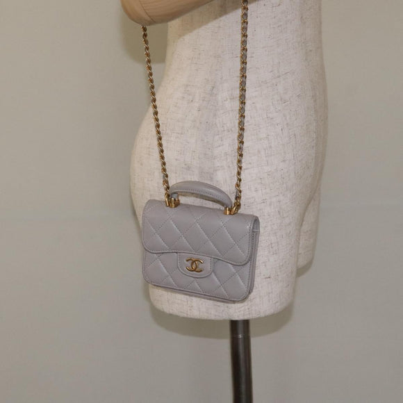 CHANEL Matelasse Chain Wallet Shoulder Bag Lamb Skin Gray Gold CC Auth 128807SAM