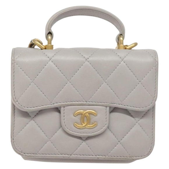 CHANEL Matelasse Chain Wallet Shoulder Bag Lamb Skin Gray Gold CC Auth 128807SAM