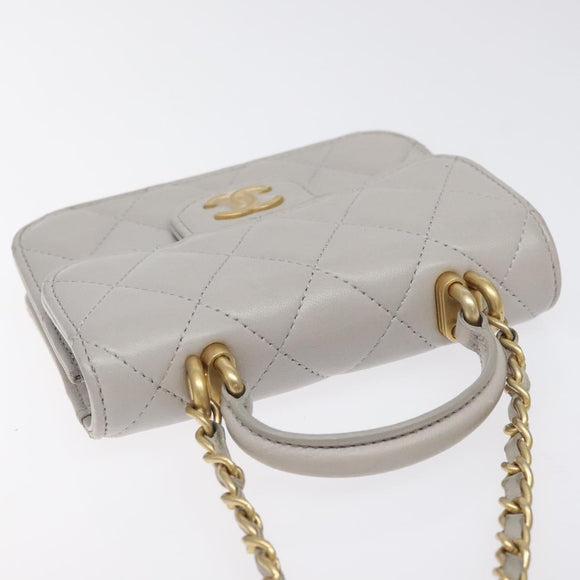 CHANEL Matelasse Chain Wallet Shoulder Bag Lamb Skin Gray Gold CC Auth 128807M