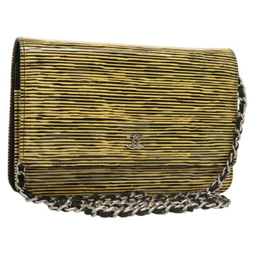 CHANEL Chain Wallet Patent leather Yellow Silver CC Auth 128843