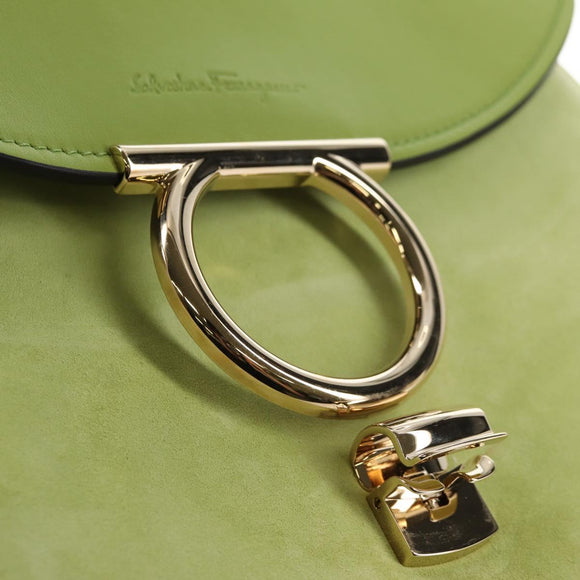 Salvatore Ferragamo Hand Bag Suede Leather 2way Green Gold Auth 128919V