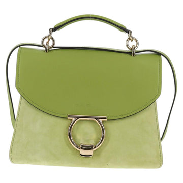 Salvatore Ferragamo Hand Bag Suede Leather 2way Green Gold Auth 128919V - 0