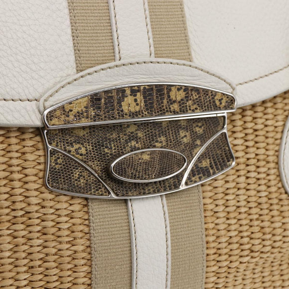 PRADA Tote Bag Raffia White Silver Auth 128924