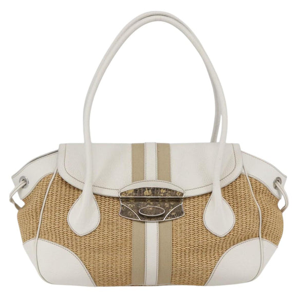 PRADA Tote Bag Raffia White Silver Auth 128924