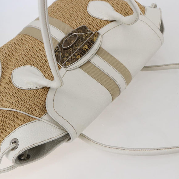 PRADA Tote Bag Raffia White Silver Auth 128924