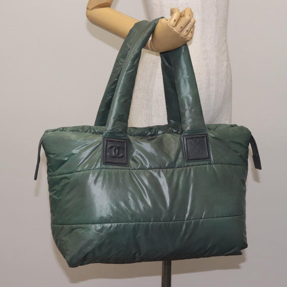 CHANEL Cococoon Tote Bag Nylon Khaki Silver CC Auth 128925