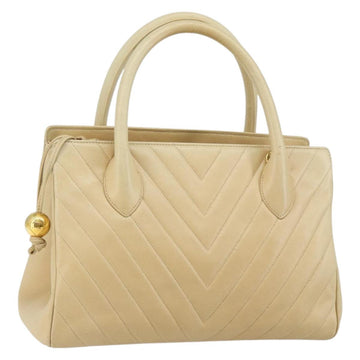 CHANEL V Stitch Hand Bag Lamb Skin Beige Gold CC Auth 128926