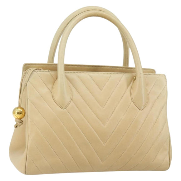 CHANEL V Stitch Hand Bag Lamb Skin Beige Gold CC Auth 128926