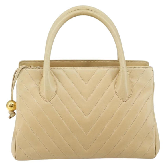 CHANEL V Stitch Hand Bag Lamb Skin Beige Gold CC Auth 128926